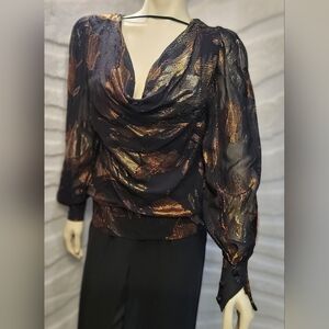 VTG Rimini Black Sheer Metallic Gold Copper Leaf Print Foil Cowl Blouse Sz Small